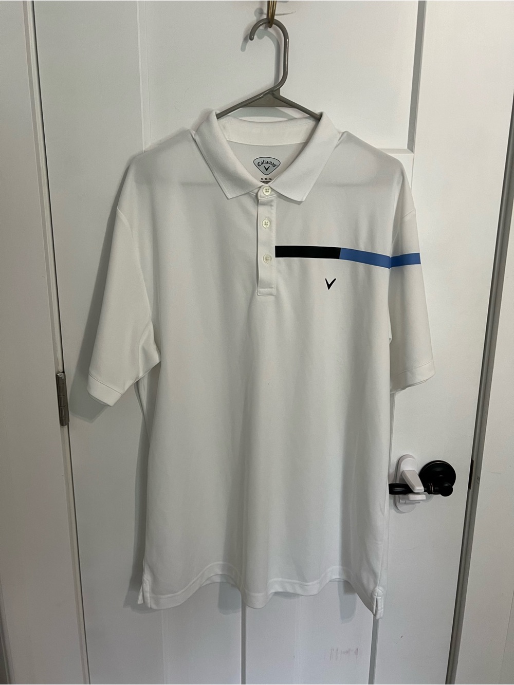 Callaway Men's White Polo with Black and Blue Chest Stripe